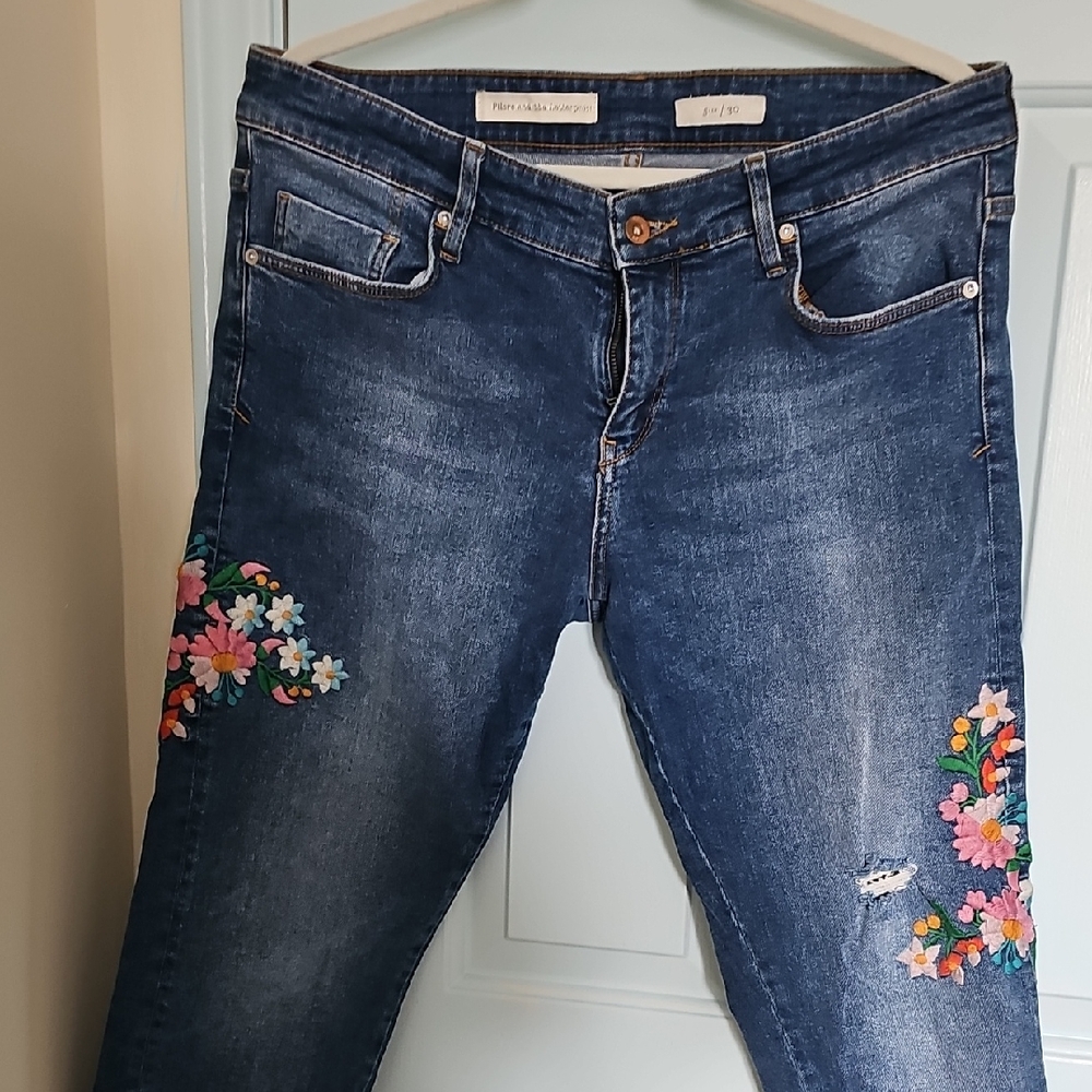 Pilcro and the Letterpress Dark Blue Straight Leg Jeans with Floral Embroidery